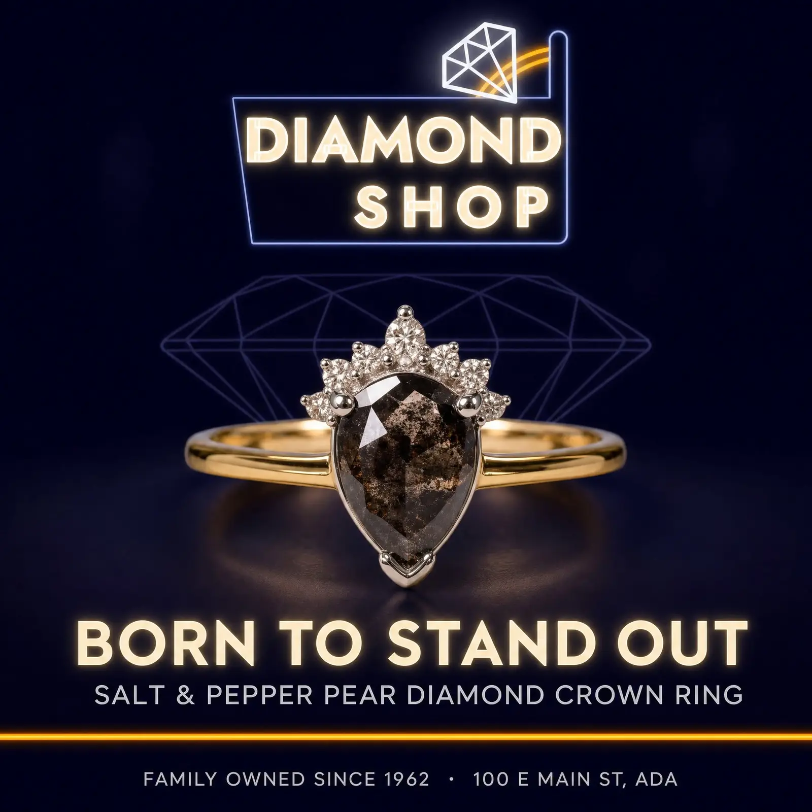 The Diamond Shop post reading Born to stand out, featuring a salt and pepper pear diamond crown ring under the store's neon-style logo