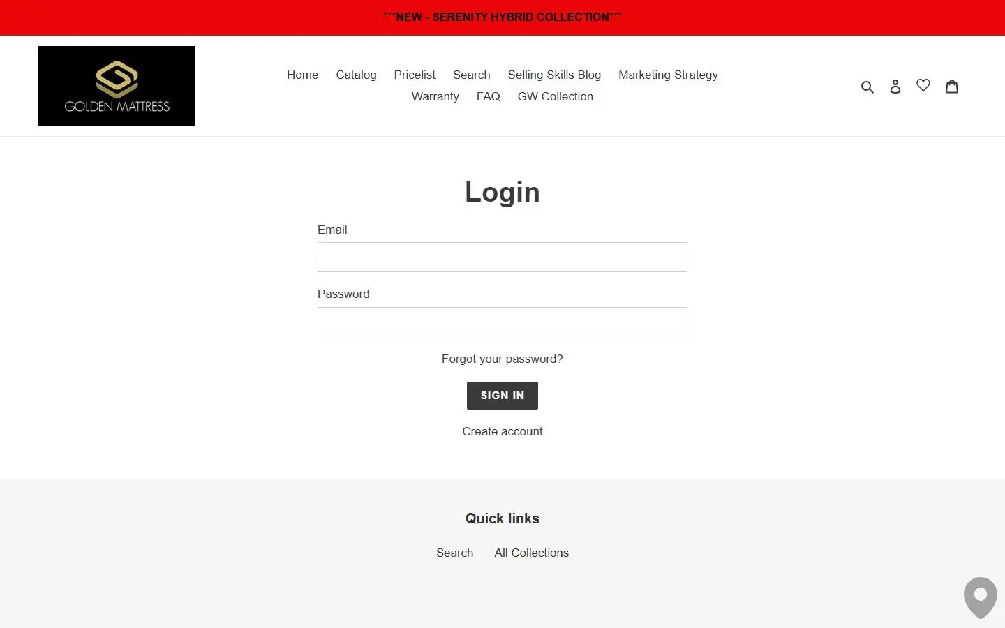 Homepage of ordergmc.com, the Golden Mattress dealer portal Mitch built, with links to the catalog, price list and selling-skills blog